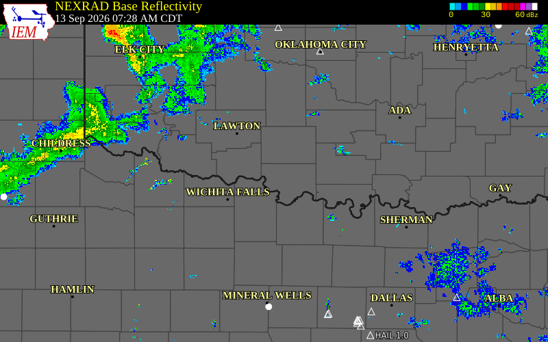 Current NEXRAD radar over Cotton County, Oklahoma with recent storm report locations