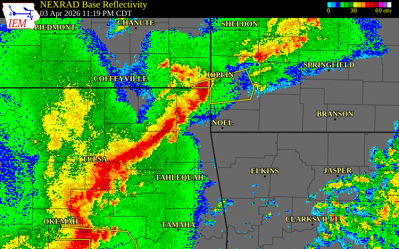 NEXRAD radar during the Friday, April 3, 2026 storm activity in Craig County, Oklahoma