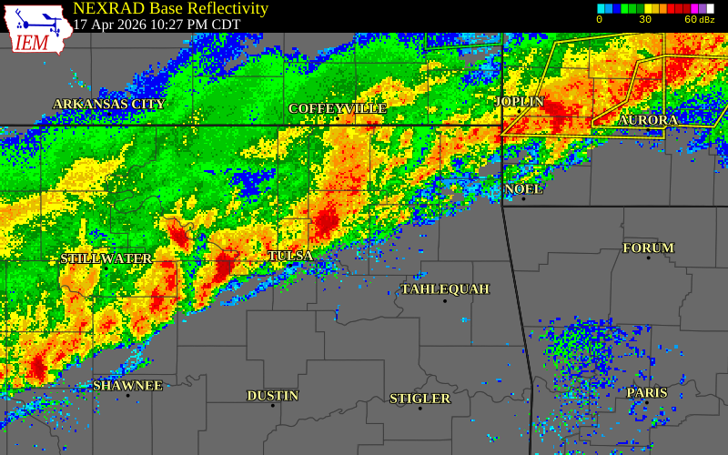 NEXRAD radar during the Friday, April 17, 2026 storm activity in Craig County, Oklahoma