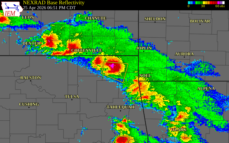 NEXRAD radar during the Saturday, April 25, 2026 storm activity in Craig County, Oklahoma