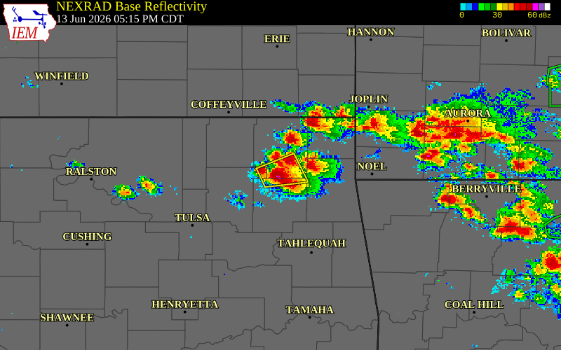 NEXRAD radar during the Saturday, June 13, 2026 storm activity in Craig County, Oklahoma