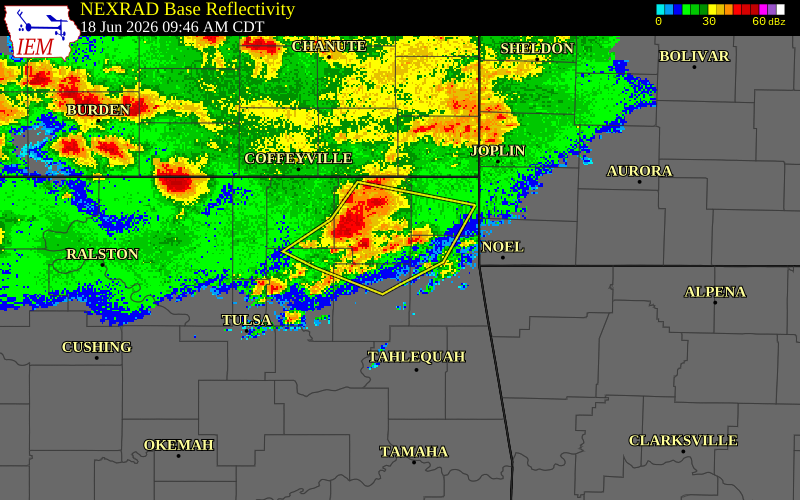 NEXRAD radar during the Thursday, June 18, 2026 storm activity in Craig County, Oklahoma