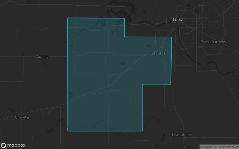 Map of Creek County, Oklahoma showing the county boundary and surrounding cities