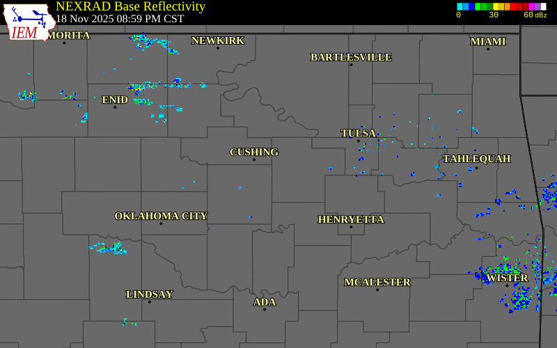 NEXRAD radar during the Tuesday, November 18, 2025 storm activity in Creek County, Oklahoma