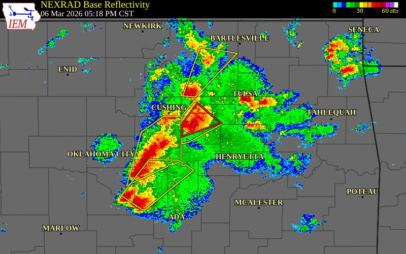NEXRAD radar during the Friday, March 6, 2026 storm activity in Creek County, Oklahoma