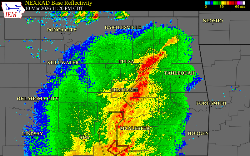 NEXRAD radar during the Tuesday, March 10, 2026 storm activity in Creek County, Oklahoma