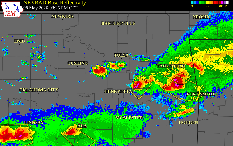 NEXRAD radar during the Friday, May 8, 2026 storm activity in Creek County, Oklahoma