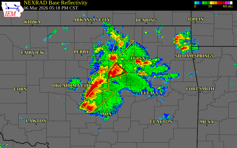 Radar snapshot during the Mar 6, 2026 tornado event near 2 NW Bristow, Creek County, Oklahoma, with NWS warning polygons