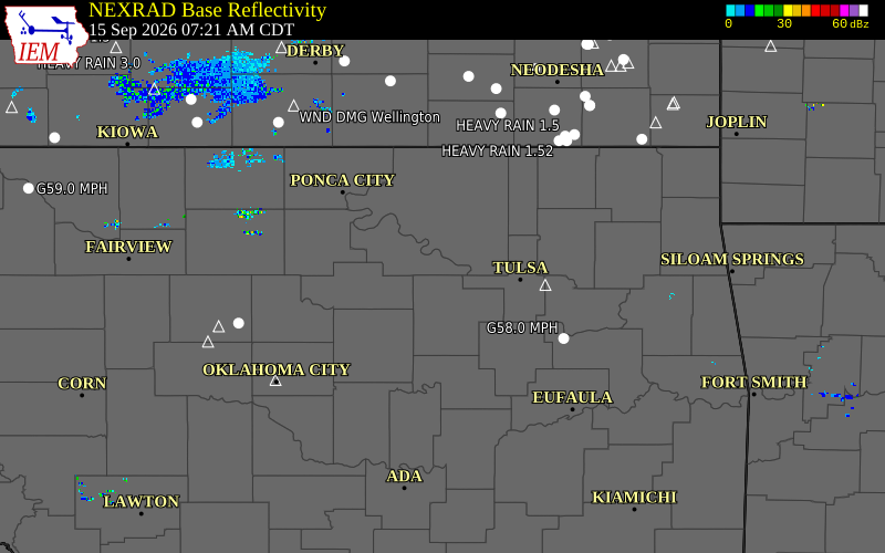 Current NEXRAD radar over Creek County, Oklahoma with recent storm report locations
