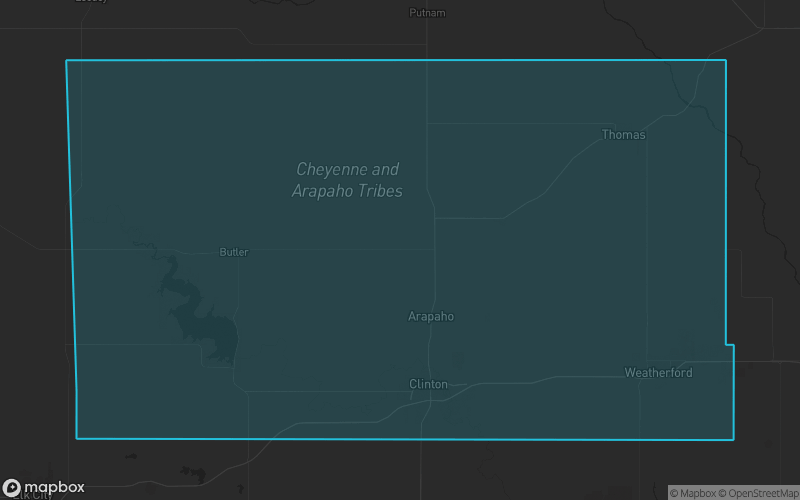 Map of Custer County, Oklahoma showing the county boundary and surrounding cities