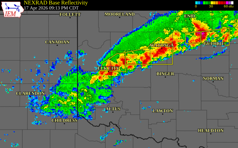 NEXRAD radar during the Friday, April 17, 2026 storm activity in Custer County, Oklahoma