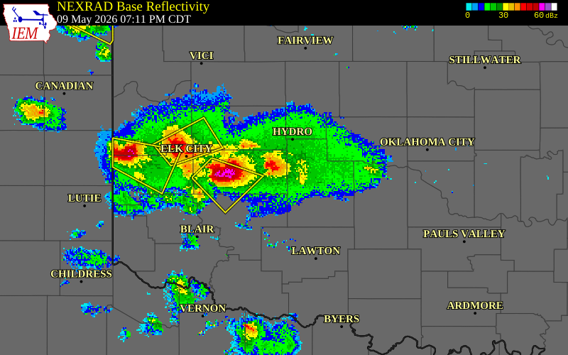NEXRAD radar during the Saturday, May 9, 2026 storm activity in Custer County, Oklahoma