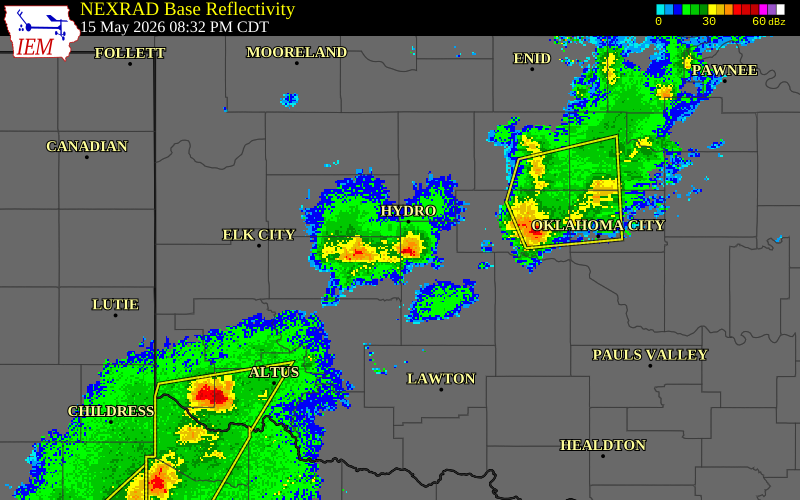 NEXRAD radar during the Friday, May 15, 2026 storm activity in Custer County, Oklahoma