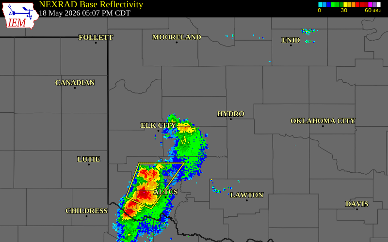 NEXRAD radar during the Monday, May 18, 2026 storm activity in Custer County, Oklahoma