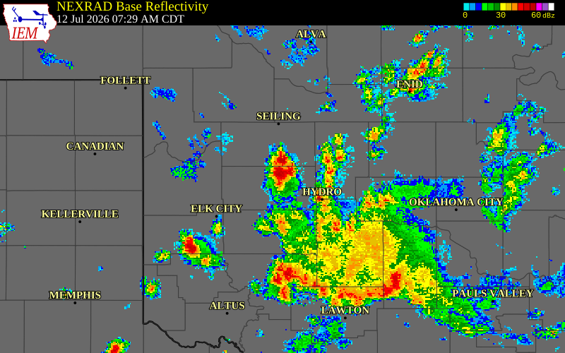 NEXRAD radar during the Sunday, July 12, 2026 storm activity in Custer County, Oklahoma