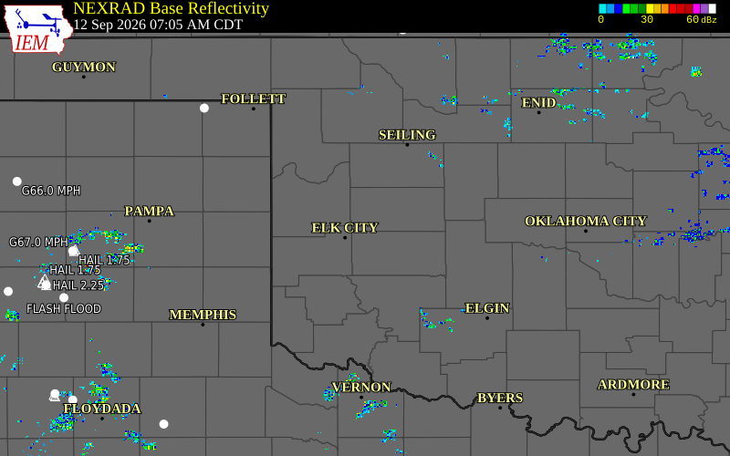 Current NEXRAD radar over Custer County, Oklahoma with recent storm report locations