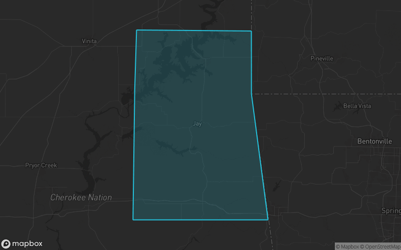 Map of Delaware County, Oklahoma showing the county boundary and surrounding cities