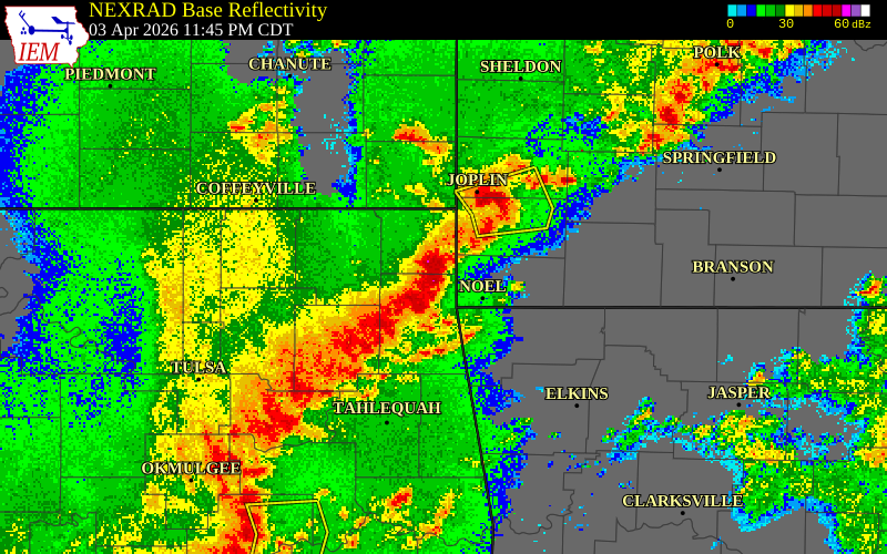 NEXRAD radar during the Friday, April 3, 2026 storm activity in Delaware County, Oklahoma
