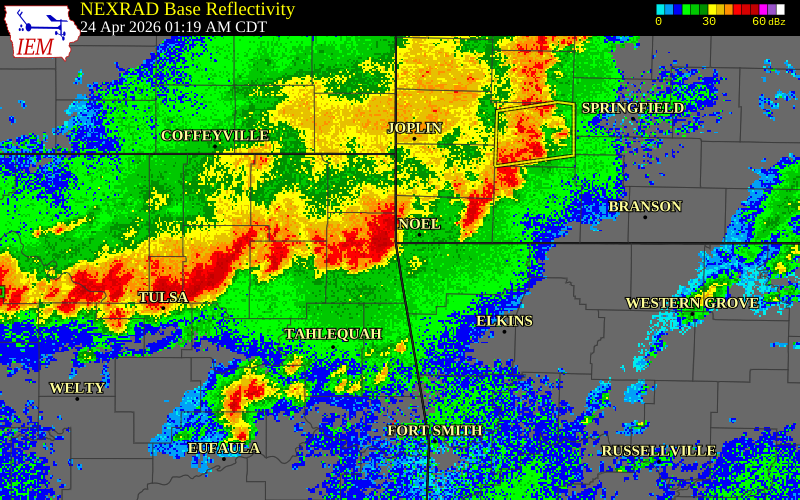 NEXRAD radar during the Friday, April 24, 2026 storm activity in Delaware County, Oklahoma