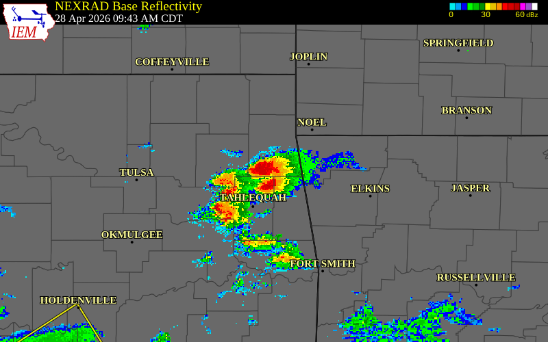 NEXRAD radar during the Tuesday, April 28, 2026 storm activity in Delaware County, Oklahoma