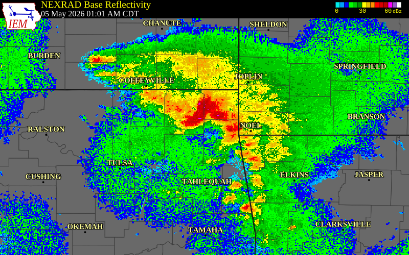 NEXRAD radar during the Tuesday, May 5, 2026 storm activity in Delaware County, Oklahoma