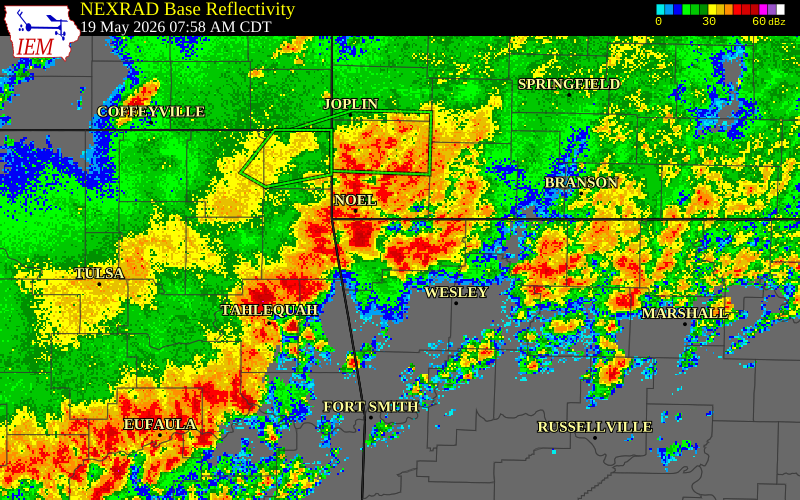 NEXRAD radar during the Tuesday, May 19, 2026 storm activity in Delaware County, Oklahoma