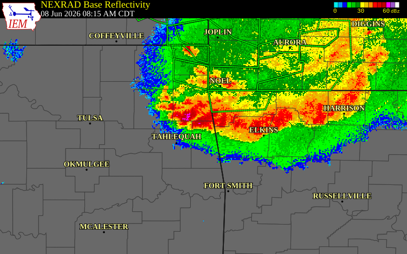 NEXRAD radar during the Monday, June 8, 2026 storm activity in Delaware County, Oklahoma