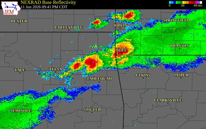 NEXRAD radar during the Thursday, June 11, 2026 storm activity in Delaware County, Oklahoma