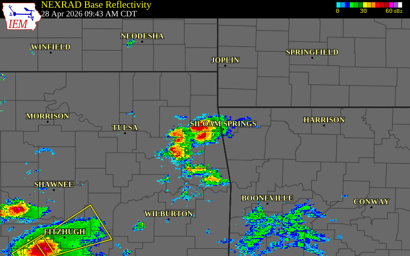 Radar snapshot during the Apr 28, 2026 hail event near 1 N Kansas, Delaware County, Oklahoma, with NWS warning polygons
