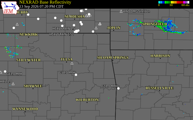 Current NEXRAD radar over Delaware County, Oklahoma with recent storm report locations