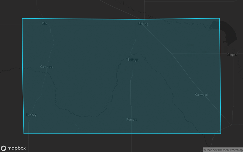 Map of Dewey County, Oklahoma showing the county boundary and surrounding cities