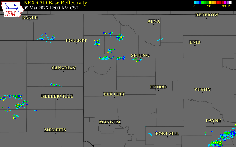 NEXRAD radar during the Thursday, March 5, 2026 storm activity in Dewey County, Oklahoma
