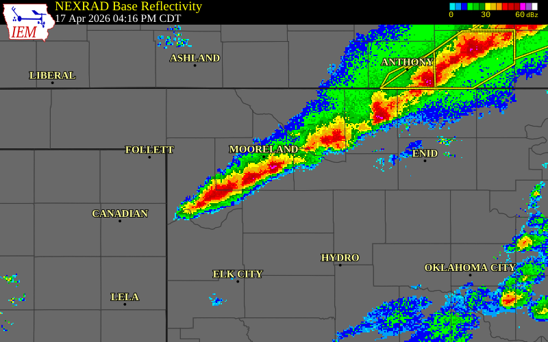 NEXRAD radar during the Friday, April 17, 2026 storm activity in Dewey County, Oklahoma