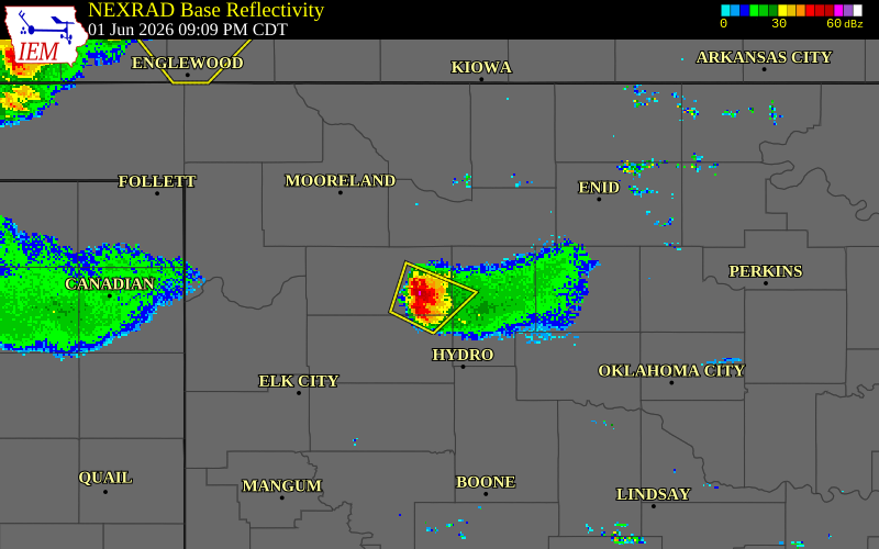 NEXRAD radar during the Monday, June 1, 2026 storm activity in Dewey County, Oklahoma