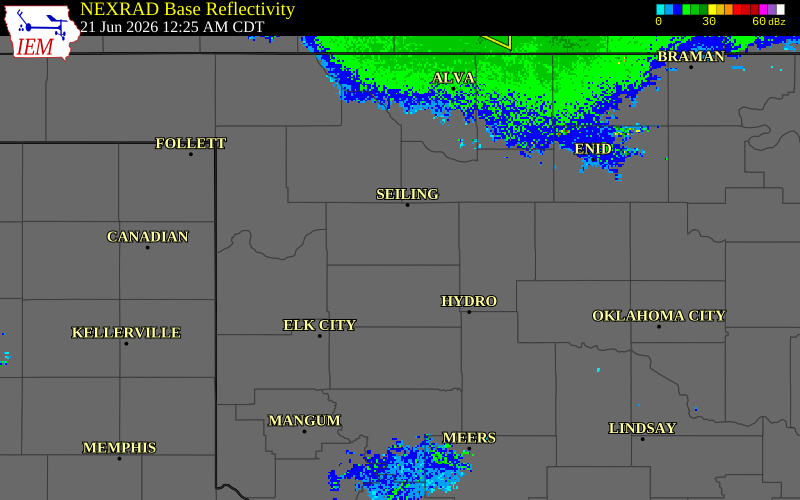 NEXRAD radar during the Sunday, June 21, 2026 storm activity in Dewey County, Oklahoma