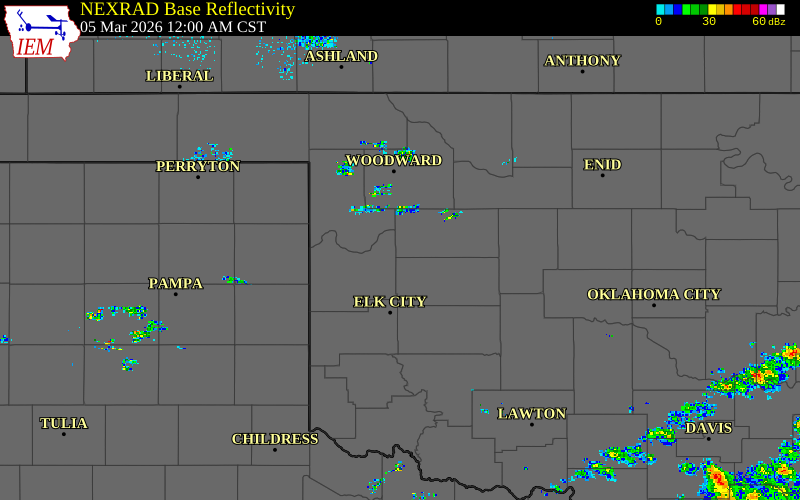 Radar snapshot during the Mar 5, 2026 hail event near Leedey, Dewey County, Oklahoma, with NWS warning polygons