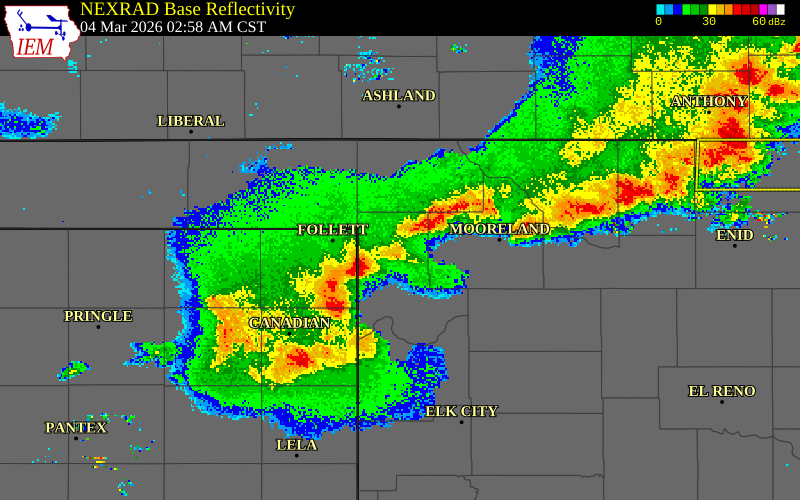 NEXRAD radar during the Wednesday, March 4, 2026 storm activity in Ellis County, Oklahoma
