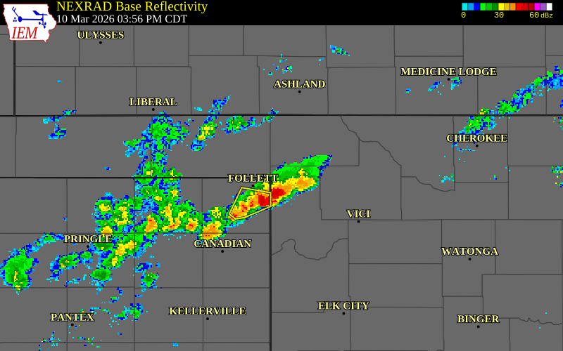 NEXRAD radar during the Tuesday, March 10, 2026 storm activity in Ellis County, Oklahoma
