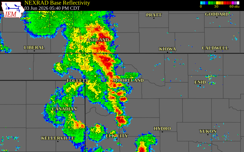 NEXRAD radar during the Wednesday, June 3, 2026 storm activity in Ellis County, Oklahoma