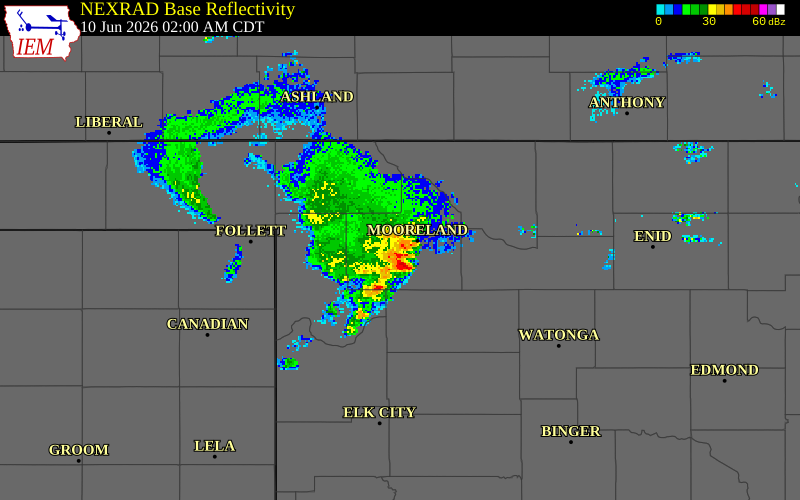 NEXRAD radar during the Wednesday, June 10, 2026 storm activity in Ellis County, Oklahoma