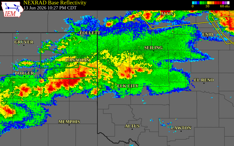 NEXRAD radar during the Saturday, June 13, 2026 storm activity in Ellis County, Oklahoma