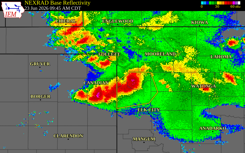 NEXRAD radar during the Tuesday, June 23, 2026 storm activity in Ellis County, Oklahoma