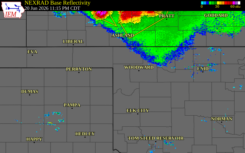 Radar snapshot during the Jun 20, 2026 wind event near 2 SW Gage, Ellis County, Oklahoma, with NWS warning polygons