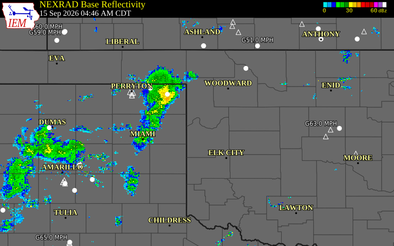 Current NEXRAD radar over Ellis County, Oklahoma with recent storm report locations