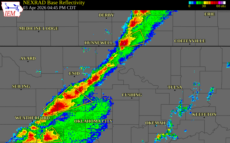 NEXRAD radar during the Friday, April 3, 2026 storm activity in Garfield County, Oklahoma