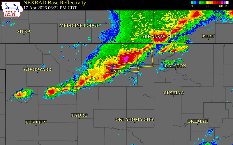 NEXRAD radar during the Friday, April 17, 2026 storm activity in Garfield County, Oklahoma