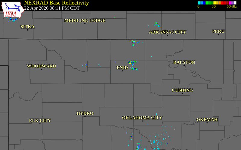 NEXRAD radar during the Wednesday, April 22, 2026 storm activity in Garfield County, Oklahoma