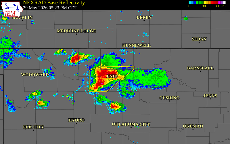 NEXRAD radar during the Friday, May 29, 2026 storm activity in Garfield County, Oklahoma