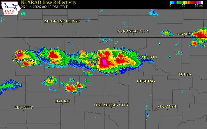 NEXRAD radar during the Friday, June 26, 2026 storm activity in Garfield County, Oklahoma