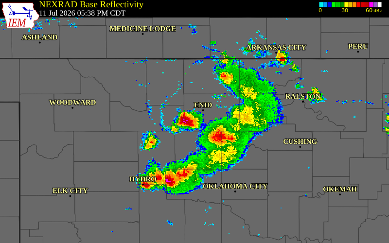 NEXRAD radar during the Saturday, July 11, 2026 storm activity in Garfield County, Oklahoma
